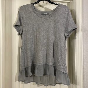 Marled by Reunited Gray Top- tshirt with satin trim and chiffon ruffle- Medium